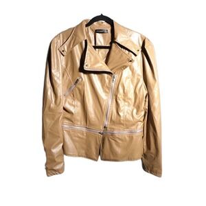 Oioninos Womens Tan Faux Leather Moto Biker Jacket Size 16 Camel Zip Up Peplum